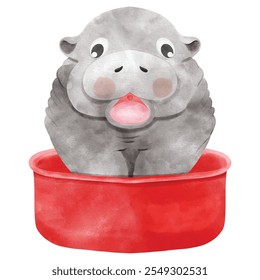 Christmas pygmy hippo. Moo Deng x Christmas. Baby hippopotamus. Hand drawn water color vector file.