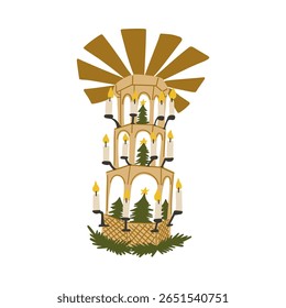 Christmas Pyramid with Candles. Advent Traditional Wooden Candlestick Holder Decoration with Fir Tree and Candle Light. Vintage Cartoon Colorful Hand Drawn Element. Xmas Vector Illustration Isolated