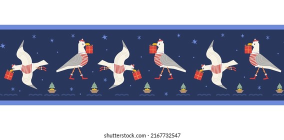 Christmas quirky seagull with gift cute seamless vector border. Comic sea gull bird in Santa costume illustration design element. Playful birds deliver x-mas presents. Holiday cartoon frame background