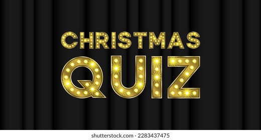 Christmas quiz neon trivia vector background. Xmas eve contest party in pub pop bright 3d font text. Broadway golden game typeface illustration. Knowledge night competition show glow banner.