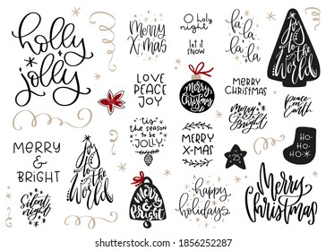 Christmas quotes and flourishes lettering set for greeting cards, gift tag, banner or flyer decoration. Variety of traditional winter holiday messages: Merry Christmas, holly jolly, peace on Earth.