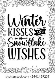 Christmas Quotes Flower Coloring Page Beautiful black and white illustration for adult coloring book