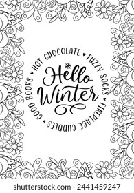 Christmas Quotes Flower Coloring Page Beautiful black and white illustration for adult coloring book