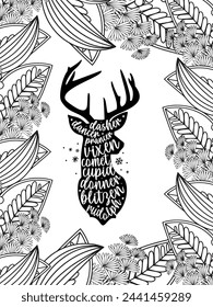 Christmas Quotes Flower Coloring Page Beautiful black and white illustration for adult coloring book