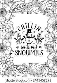 Christmas Quotes Flower Coloring Page Beautiful black and white illustration for adult coloring book