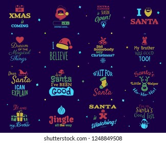 Christmas quotes set. Funny xmas and happy new year typography arts. Trending colors. I love santa signs etc. Stock vector illustration isolated on dark background.