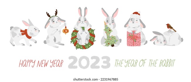 Christmas rabbit, bunny, hare collection with advent wreath, gift box, present, santa hat, christmas tree, red scarf, christmas decorations deer antler, bubble, robin bird. Happy new year 2023 banner