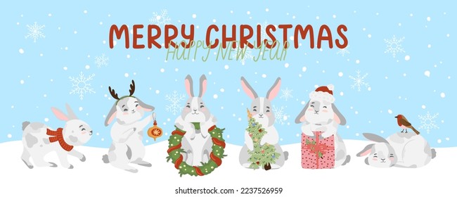 conejo navideño, conejito, colección de liebre con corona de advenimiento, caja de regalo, regalo, sombrero santa, árbol de navidad, bufanda roja, decoraciones navideñas de ciervos, burbuja, ave robina. Feliz año nuevo 2023