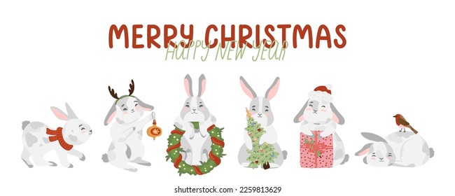 Christmas rabbit, bunny, hare collection with advent wreath, gift box, present, santa hat, christmas tree, red scarf, christmas decorations deer antler, bubble, robin bird. Happy new year 2023 banner