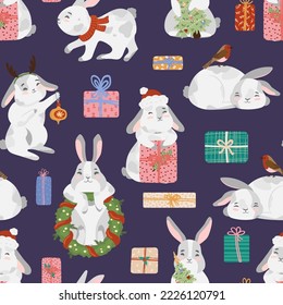 Christmas rabbit, bunny, hare vector seamless pattern with advent wreath, gift box, present, santa hat, christmas tree, red scarf, deer antler, bubble, robin bird. Happy new year 2023 texture