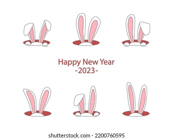 Christmas rabbit, cartoon bunny, cute animal vector icon. Winter hare in hole. Pretty character symbol New Year 2023. Holiday illustration