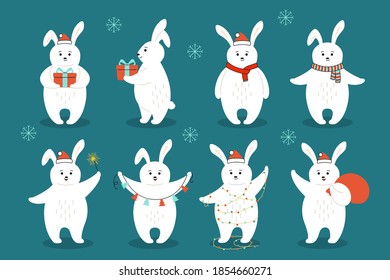 Christmas rabbit cartoon set. Hand drawn cute hare with red hat, gift, balls or garland. New Year animal coney in different poses. Funny animals winter celebrate dark background