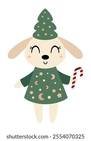 Christmas rabbit clipart. Christmas animal clipart. Cute festive character. Hand draw vector illustration in flat style