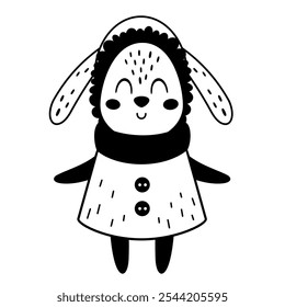 Christmas rabbit clipart. Black and white Christmas animal doodle. Cute festive character. Hand draw vector illustration in flat style