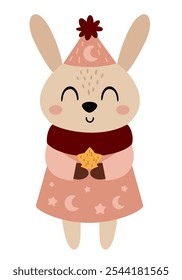 Christmas rabbit clipart. Boho Christmas animal clip art. Cute festive character. Hand draw vector illustration in flat style	
