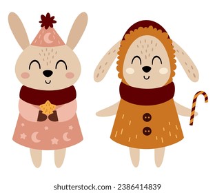 Christmas rabbit clipart in cartoon flat style. Cute winter bunny vector illustration