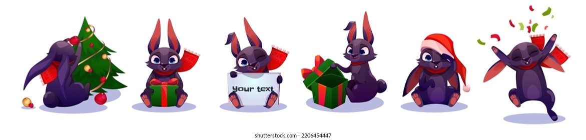 Christmas rabbit, cute cartoon new year bunny character with black fur set. Funny xmas animal personage in Santa hat and scarf holding gift box, banner, confetti and fir-tree, Vector illustration