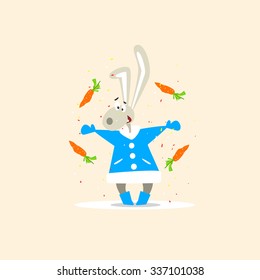 Christmas Rabbit and Falling Carrots. Flat Vector Illustration