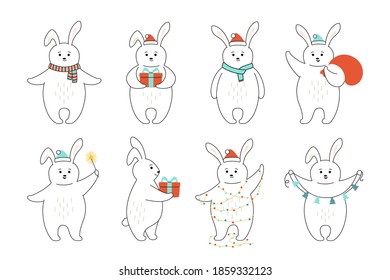 Christmas rabbit line cartoon set. Outline cute hare with red hat, gift, garland. New Year animal coney in different poses. Funny animals winter celebrate