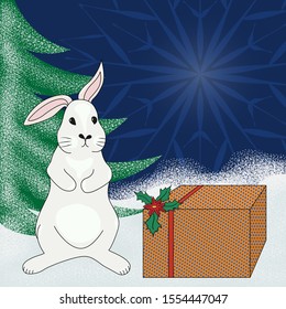 Christmas rabbit on a background of snow near big box with christmas gifts. Green Christmas tree in the snow on a blue background. Template for greeting card. Flat style, vector.