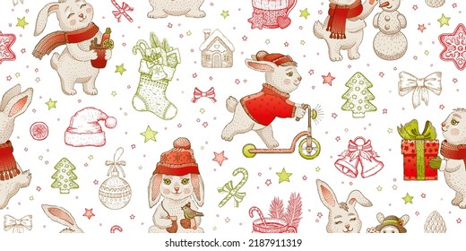 Christmas rabbit pattern. Scandinavian bunny animal print. Forest winter cute seamless. Kid woodland kawaii decor. Doodle baby vector. Chinese 2023 new year, Xmas. Watercolor sketch Christmas pattern 