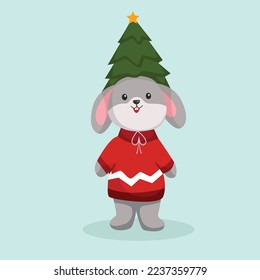 Christmas Rabbit with Pine Hat Character Design Illustration