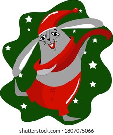 Christmas rabbit in Santa Hat is dancing. New Year banner with smiling bunny. Winter holiday package design. Funny character in red pants. Vector illustration, flat style