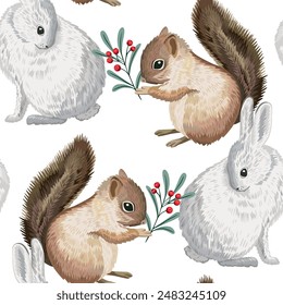 Christmas rabbit and squirrel seamless pattern. Winter animals wallpaper.	