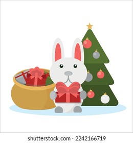 Christmas rabbit with a Christmas tree and a bag of gifts