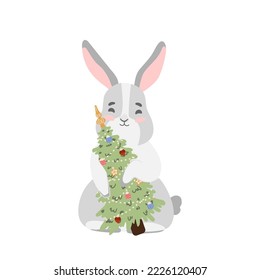 Christmas Rabbit with christmas tree. Winter bunny, hare. Happy new year 2023. Chinese New Year of the rabbit. Isolated vector illustration for print, textile, pet icon, kids design