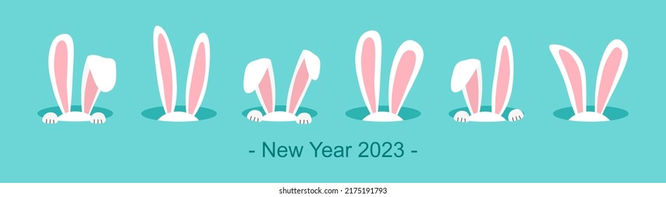 Christmas rabbit vector icon, xmas bunny in hole. Symbol New Year 2023 on blue background. Cute animal holiday illustration