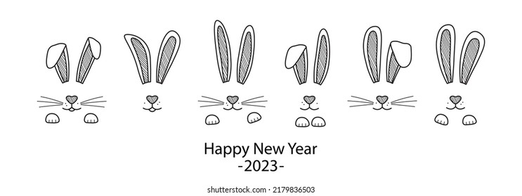 Christmas rabbit vector line icon, New Yer face bunny. Xmas ears and muzzle with whiskers, paws. Hand drawn elements for design greeting cards. Animal illustration