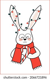  Christmas rabbit. Winter bunny. Vector illustration.