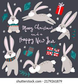 Christmas rabbits. New Year bunny vector set. Chinese 2023 new year cute winter animal on white background. Adorable snow rabbit banner. Cartoon sketch hare. Happy holiday bunny. Merry Christmas card