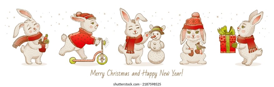 Christmas rabbits. New Year bunny vector set. Chinese 2023 new year cute winter animal on white background. Adorable snow rabbit banner. Cartoon sketch hare. Happy holiday bunny. Merry Christmas card