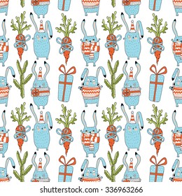 Christmas rabbits seamless pattern
