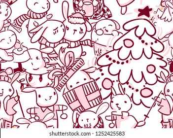 christmas rabbits seamless pattern christmas card doodle style