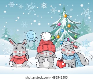 Christmas rabbits vector illustration. Flat style. Funny rabbits wear in hat, scarf, sweater with gift, smiling balloon seating on snow in snowfall near christmas tree hung with color ball toys