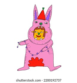  christmas rabbit.Symbol of 2023-bunny.A man in a hare costume.Disco carnival.Festival new year.funky and groovy party.Sublimation print.Funny rabbit with champagne.Hand drawn character with santa hat
