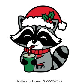 Christmas Raccoon with Drink Cartoon Illustration	
