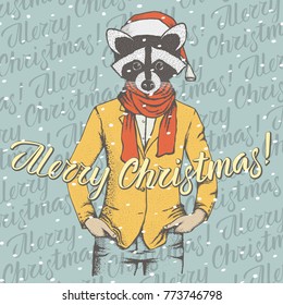 Christmas raccoon vector illustration. Raccoon in Santa hat and lettering merry Christmas