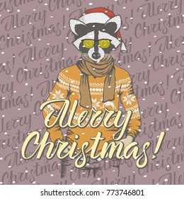 Christmas raccoon vector illustration. Raccoon in Santa hat and lettering merry Christmas