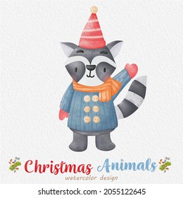 Christmas Raccoon watercolor illustration, with the paper background. For design, prints, fabric, or background