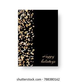 Christmas radiant invitation template with falling golden stars of confetti for festive decoration