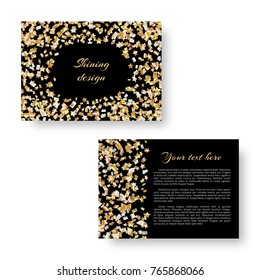 Christmas radiant layout of an advertising leaflet with golden soaring stars of confetti for a festive decoration