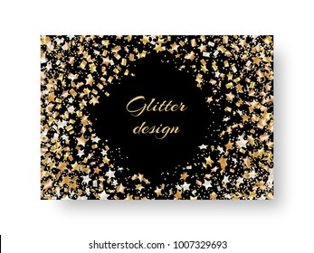 Christmas radiant layout of an invitation card with soaring golden stars of confetti for a festive design