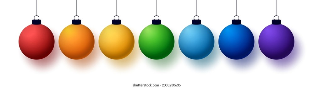 Christmas rainbow balls set isolated on white background. Merry Christmas and Happy New Year 2023 sphere decorations hanging ribbon bow. Holiday Xmas toy bauble fir tree. Vector illustration