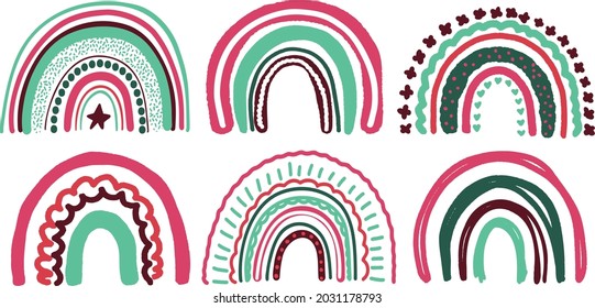 Christmas rainbow collection. Bundle of doodled, vector weather phenomenon illustrations.