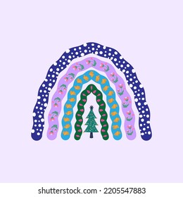 Christmas rainbow. Cute winter rainbows and Christmas trees collection isolated graphic elements. New Year clipart.