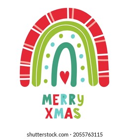 Christmas rainbow with hand lettering Merry Xmas. Vector hand-drawn color children's illustration. Baby print. Good for posters, textiles.